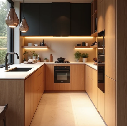 Cuisine aménagée avec plan de travail marbré, luminaires éléctro ménager encastré